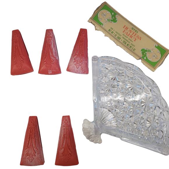 Vintage Avon Hostess Fancy Fan Soap Dish 5 Hostess Fragranced Soaps Glass Dish - Picture 5 of 11